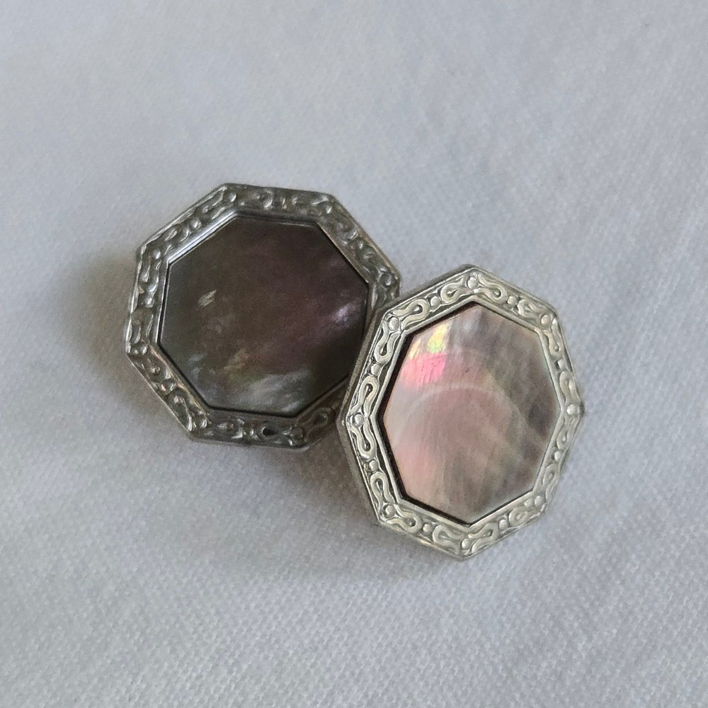 VTG Mother Pearl Cufflinks Formal Wedding Krementz Cuff Links Mens Grey‎ Silver